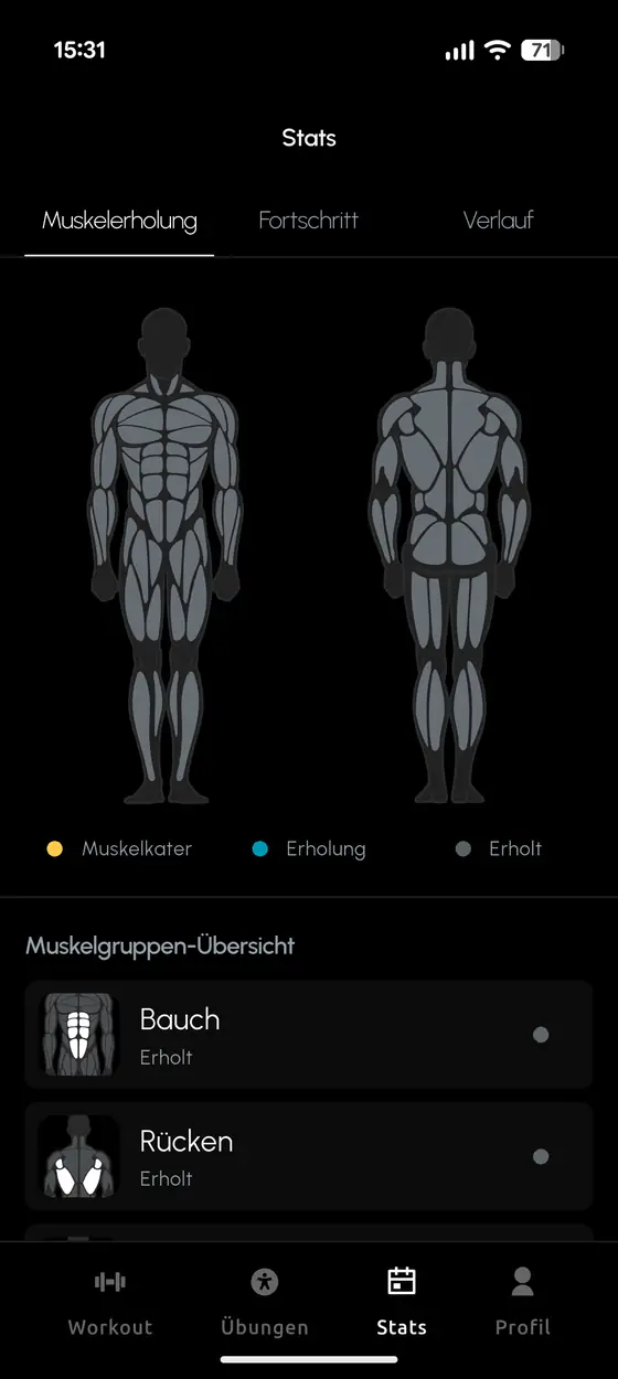 Körperansicht mit markierten Muskelgruppen